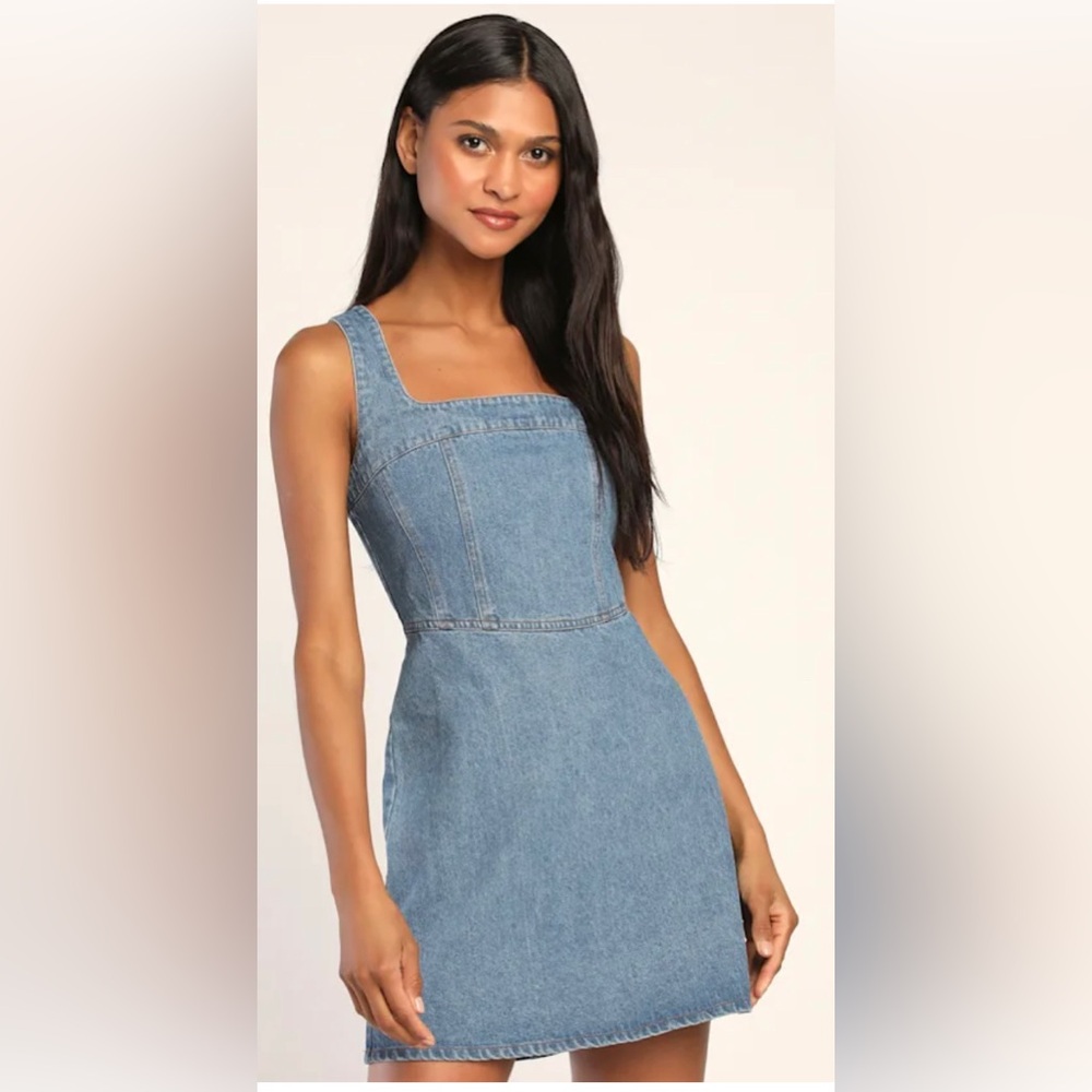 Lulus So Delighted Medium Wash Denim Corset Seam Mini Dress Blue - Size L - Picture 3 of 4